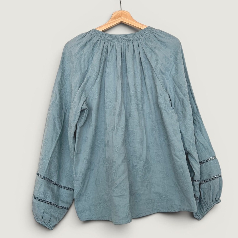 Teal Floral Jacquard Peasant Blouse Tassel Lace Med Prairie Boho Country Latice - Picture 2 of 5